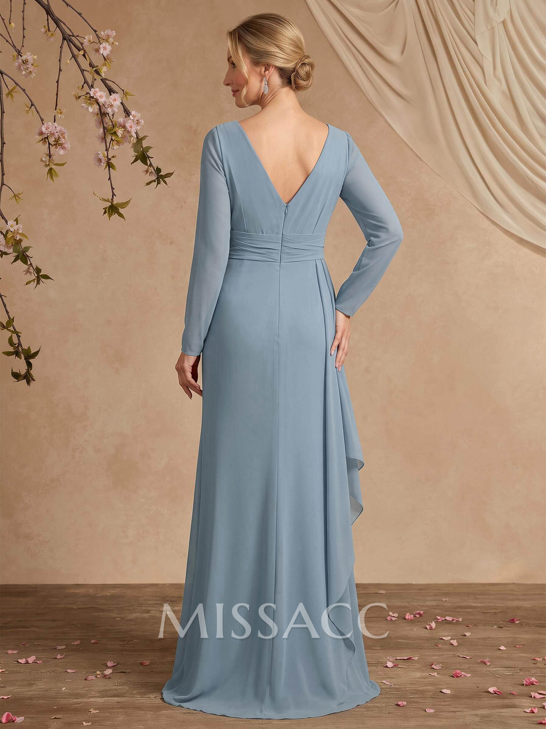 Sheath/Column V-Neck Long Sleeves Floor-Length Chiffon Mother Of The Bride Dresses With Ruffle