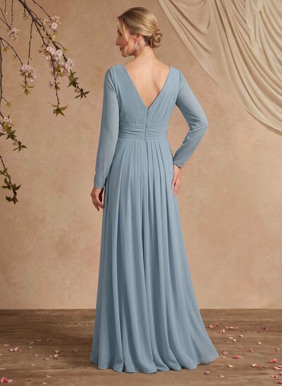Sheath/Column V-Neck Long Sleeves Floor-Length Chiffon Mother Of The Bride Dresses With Ruffle