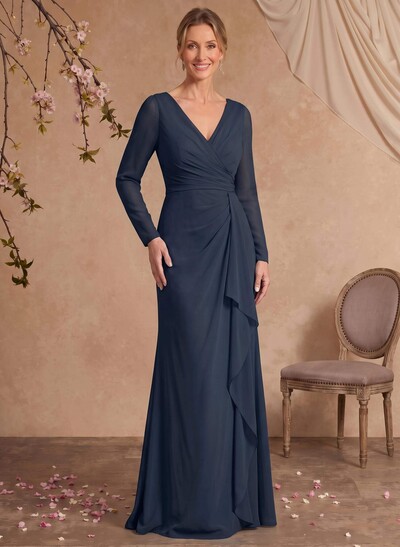 Sheath/Column V-Neck Long Sleeves Floor-Length Chiffon Mother Of The Bride Dresses With Ruffle