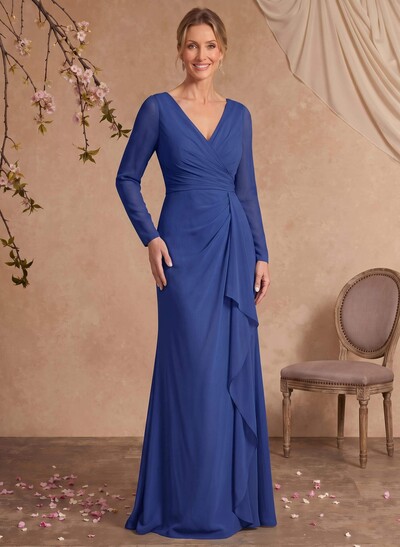 Sheath V-Neck Long Sleeve Floor-Length Chiffon Mother of the Bride Dress with Ruffles
