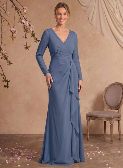 Column V-Neck Long Sleeve Maxi Chiffon Mother of the Bride Dress with Ruffles