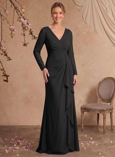 Sheath/Column V-Neck Long Sleeves Floor-Length Chiffon Mother Of The Bride Dresses With Ruffle