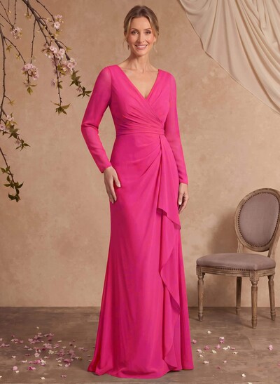 Fitted V-Neck Long Sleeve Maxi Chiffon Mother Of The Bride Dress With Ruffles