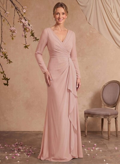 Fitted V-Neck Long Sleeve Maxi Chiffon Mother Of The Bride Dress With Ruffles