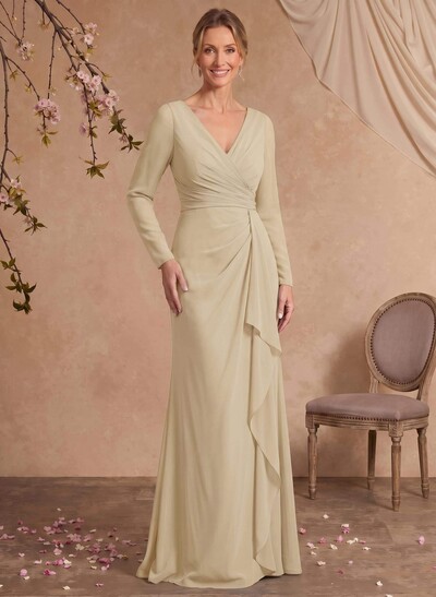 Sheath/Column V-Neck Long Sleeves Floor-Length Chiffon Mother Of The Bride Dresses With Ruffle
