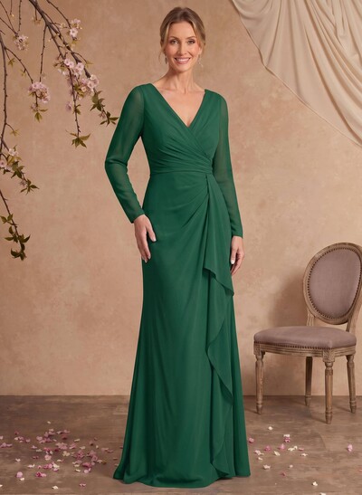 Sheath/Column V-Neck Long Sleeves Floor-Length Chiffon Mother Of The Bride Dresses With Ruffle