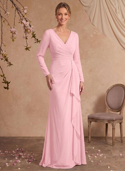 Sheath/Column V-Neck Long Sleeves Floor-Length Chiffon Mother Of The Bride Dresses With Ruffle