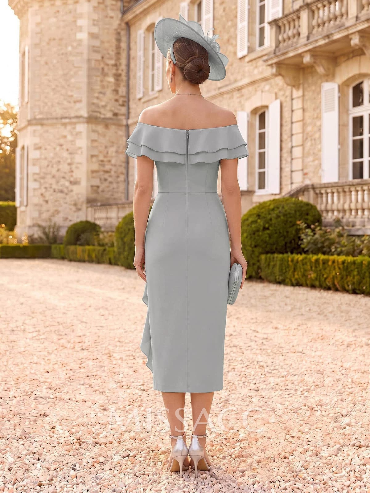 Sheath/Column Off-The-Shoulder Sleeveless Tea-Length Chiffon Mother Of The Bride Dresses With Shoulder Ruffle