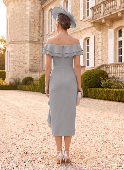 Sheath/Column Off-The-Shoulder Sleeveless Tea-Length Chiffon Mother Of The Bride Dress With Shoulder Ruffle