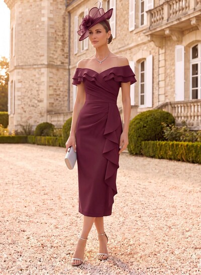 Sheath/Column Off-The-Shoulder Sleeveless Tea-Length Chiffon Mother Of The Bride Dresses With Shoulder Ruffle