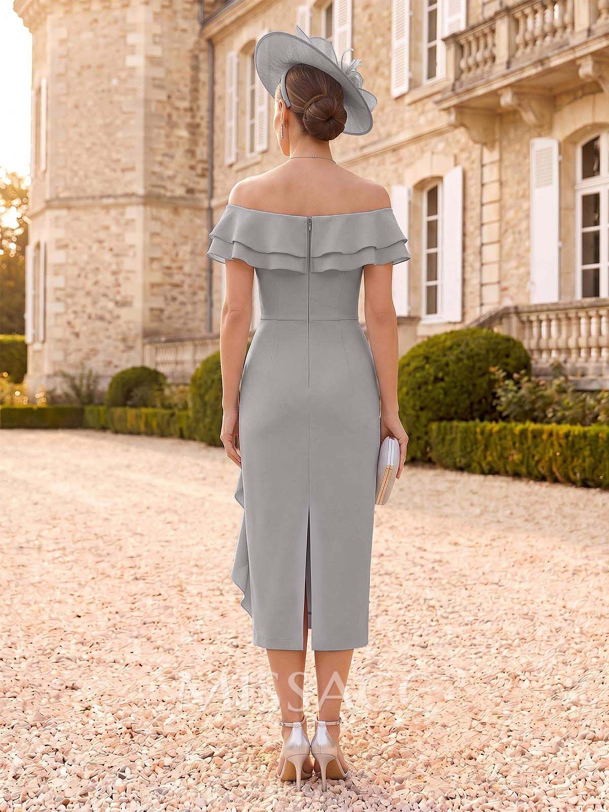 Sheath/Column Off-The-Shoulder Sleeveless Tea-Length Chiffon Mother Of The Bride Dresses With Shoulder Ruffle