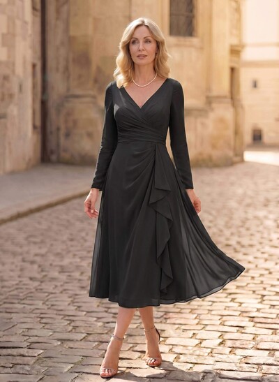 A-Line V-Neck Long Sleeve Tea-Length Chiffon Mother Of The Bride Dress With Cascading Ruffles
