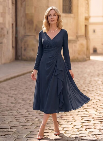 A-Line V-Neck Long Sleeves Tea-Length Chiffon Mother Of The Bride Dresses With Cascading Ruffles