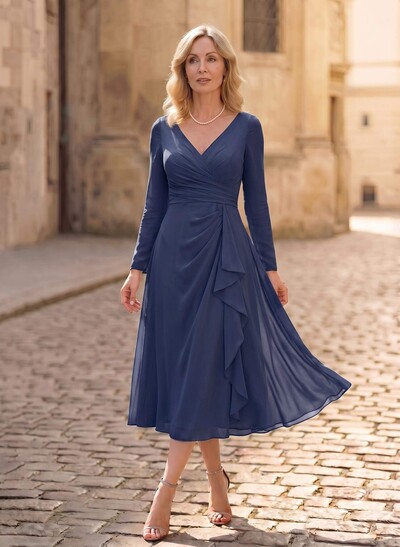 A-Line V-Neck Long Sleeves Tea-Length Chiffon Mother Of The Bride Dresses With Cascading Ruffles