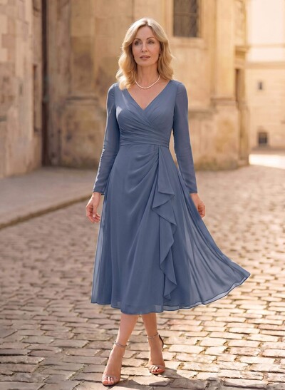 A-Line V-Neck Long Sleeve Tea-Length Chiffon Mother Of The Bride Dress With Cascading Ruffles