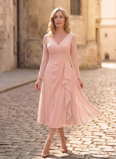 A-Line V-Neck Long Sleeves Tea-Length Chiffon Mother Of The Bride Dresses With Cascading Ruffles