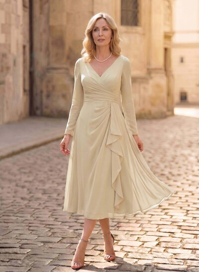 A-Line V-Neck Long Sleeves Tea-Length Chiffon Mother Of The Bride Dresses With Cascading Ruffles