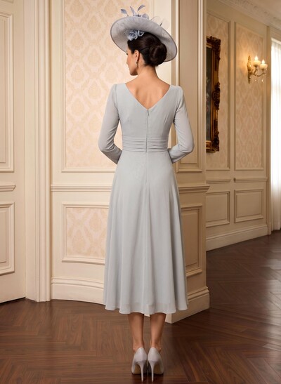 A-Line V-Neck Long Sleeve Tea-Length Chiffon Mother Of The Bride Dress With Cascading Ruffles