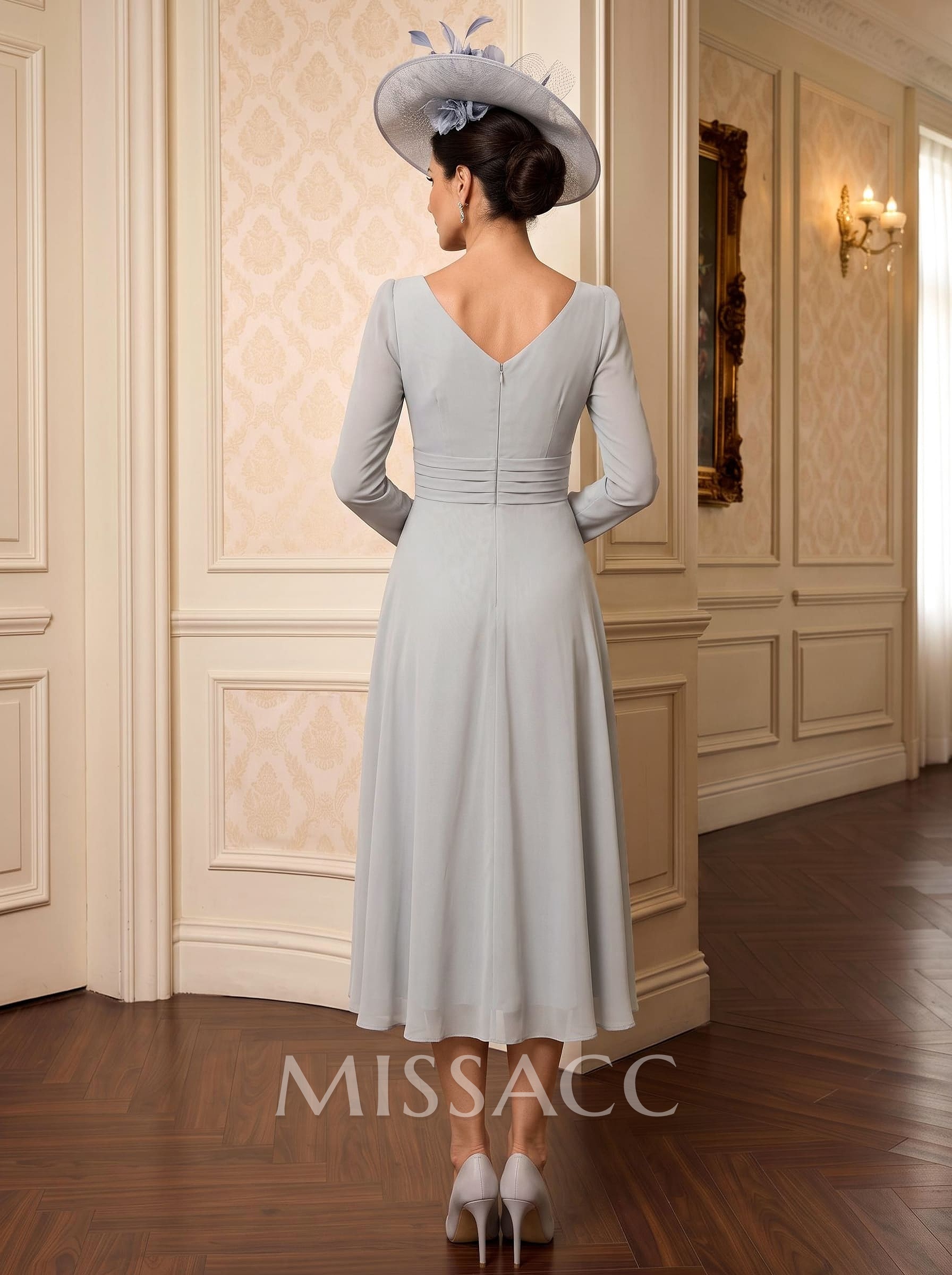 A-Line V-Neck Long Sleeves Tea-Length Chiffon Mother Of The Bride Dresses With Cascading Ruffles