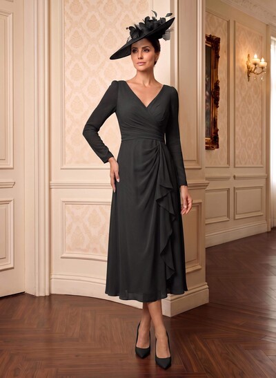 A-Line V-Neck Long Sleeve Tea-Length Chiffon Mother Of The Bride Dress With Cascading Ruffles