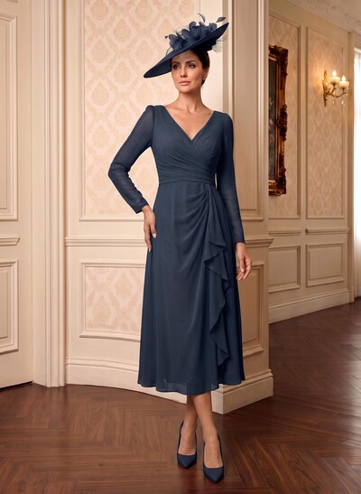 A-Line V-Neck Long Sleeve Tea-Length Chiffon Mother Of The Bride Dress With Cascading Ruffles