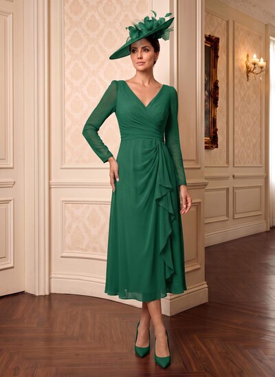 A-Line V-Neck Long Sleeves Tea-Length Chiffon Mother Of The Bride Dresses With Cascading Ruffles