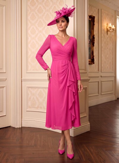 A-Line V-Neck Long Sleeves Tea-Length Chiffon Mother Of The Bride Dresses With Cascading Ruffles