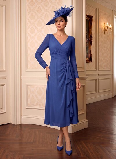 A-Line V-Neck Long Sleeves Tea-Length Chiffon Mother Of The Bride Dresses With Cascading Ruffles