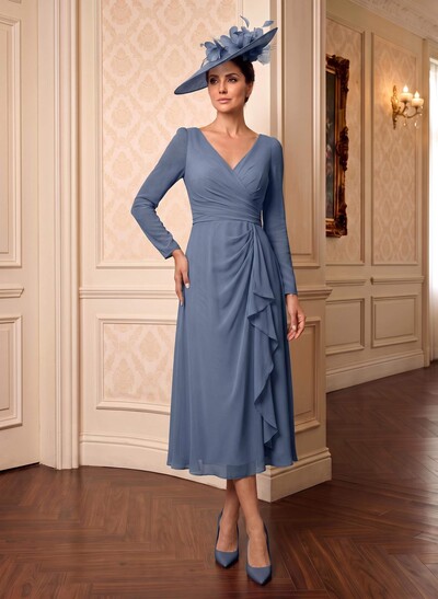 A-Line V-Neck Long Sleeve Tea-Length Chiffon Mother Of The Bride Dress With Cascading Ruffles