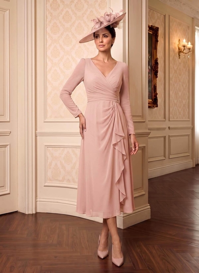 A-Line V-Neck Long Sleeves Tea-Length Chiffon Mother Of The Bride Dresses With Cascading Ruffles