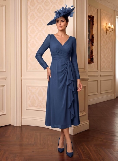 A-Line V-Neck Long Sleeves Tea-Length Chiffon Mother Of The Bride Dresses With Cascading Ruffles