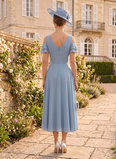 A-Line V-Neck Tea-Length Chiffon Mother Of The Bride Dresses With Cascading Ruffles