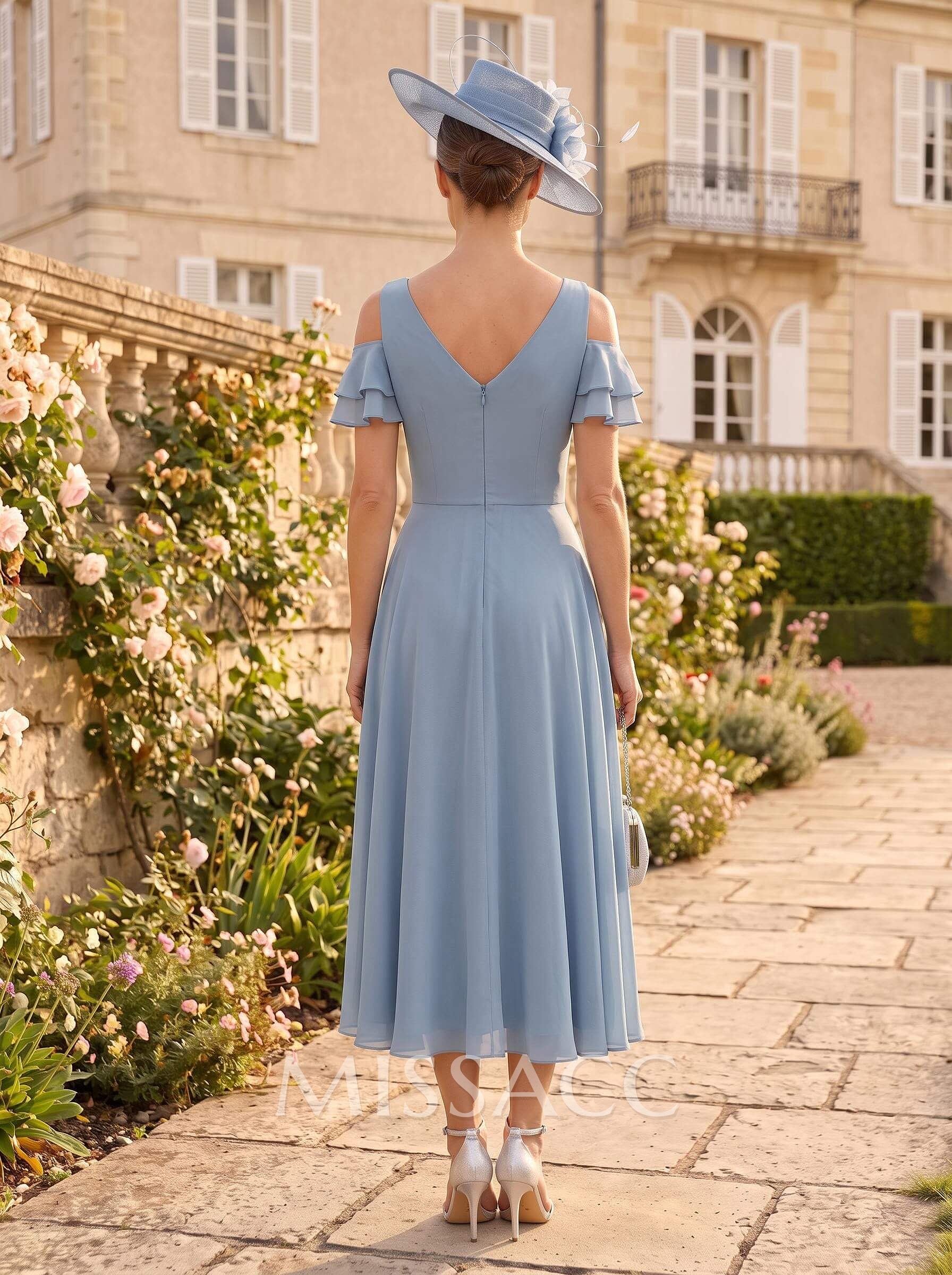 A-Line V-Neck Tea-Length Chiffon Mother Of The Bride Dresses With Cascading Ruffles