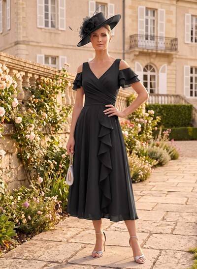 A-Line V-Neck Tea-Length Chiffon Mother Of The Bride Dresses With Cascading Ruffles