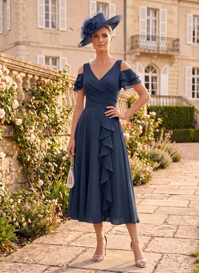 A-Line V-Neck Tea-Length Chiffon Mother Of The Bride Dresses With Cascading Ruffles