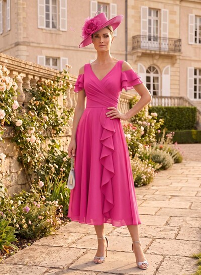 A-Line V-Neck Midi Chiffon Mother of the Bride Dress with Cascading Ruffles