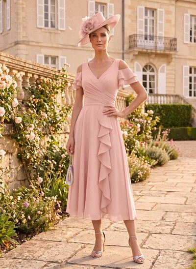 A-Line V-Neck Tea-Length Chiffon Mother Of The Bride Dresses With Cascading Ruffles