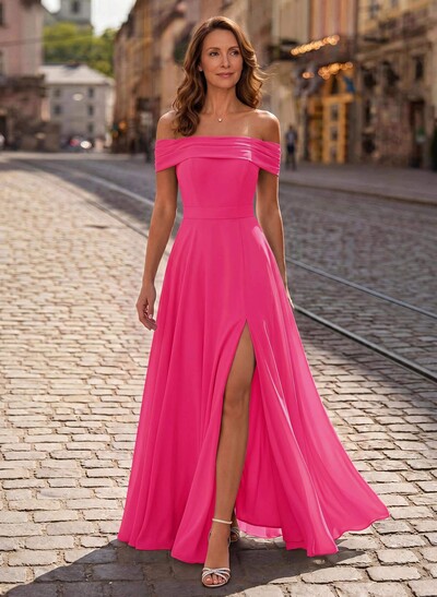 A-Line Off-The-Shoulder Sleeveless Floor-Length Chiffon Mother Of The Bride Dresses With High Split