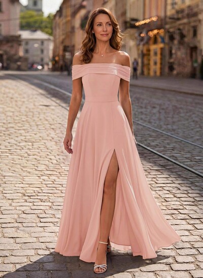 A-Line Off-The-Shoulder Sleeveless Floor-Length Chiffon Mother Of The Bride Dresses With High Split