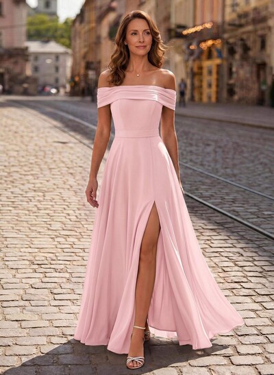 A-Line Off-The-Shoulder Sleeveless Floor-Length Chiffon Mother Of The Bride Dresses With High Split