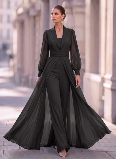 Jumpsuit/Pantsuit V-Neck Long Sleeves Floor-Length Chiffon Mother Of The Bride Dresses With Overskirt Dress