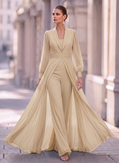 Jumpsuit/Pantsuit V-Neck Long Sleeves Floor-Length Chiffon Mother Of The Bride Dresses With Overskirt Dress