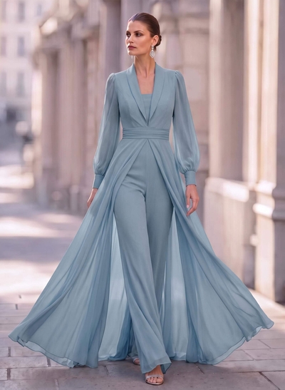 Jumpsuit/Pantsuit V-Neck Long Sleeves Floor-Length Chiffon Mother Of The Bride Dresses With Overskirt Dress