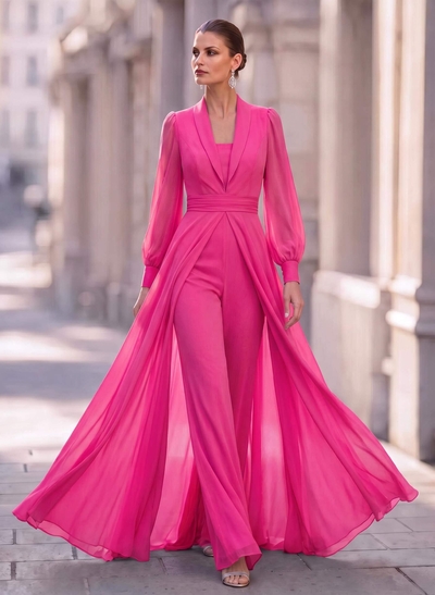 Jumpsuit/Pantsuit V-Neck Long Sleeves Floor-Length Chiffon Mother Of The Bride Dresses With Overskirt Dress