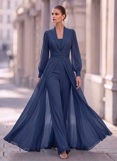 Jumpsuit/Pantsuit V-Neck Long Sleeves Floor-Length Chiffon Mother Of The Bride Dresses With Overskirt Dress