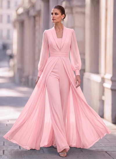 Jumpsuit/Pantsuit V-Neck Long Sleeves Floor-Length Chiffon Mother Of The Bride Dresses With Overskirt Dress