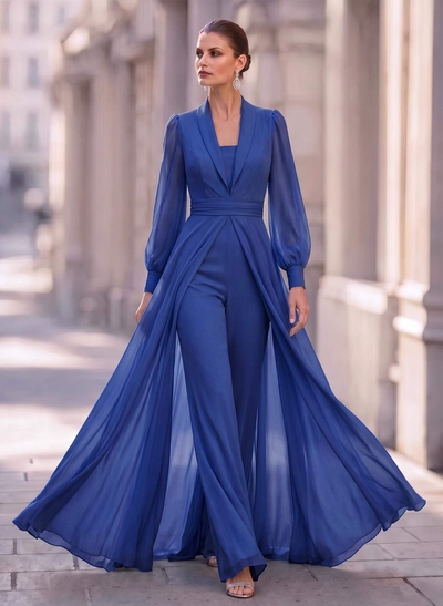 Jumpsuit/Pantsuit V-Neck Long Sleeves Floor-Length Chiffon Mother Of The Bride Dresses With Overskirt Dress