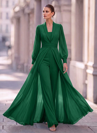 Jumpsuit/Pantsuit V-Neck Long Sleeves Floor-Length Chiffon Mother Of The Bride Dresses With Overskirt Dress
