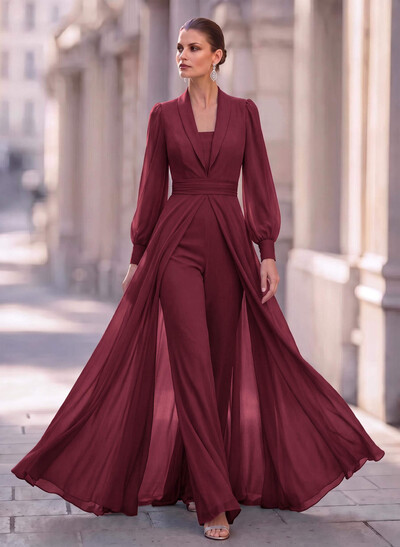 Jumpsuit/Pantsuit V-Neck Long Sleeves Floor-Length Chiffon Evening Dresses With Overskirt Dress