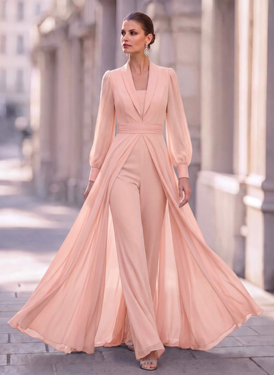 Jumpsuit/Pantsuit V-Neck Long Sleeves Floor-Length Chiffon Mother Of The Bride Dresses With Overskirt Dress